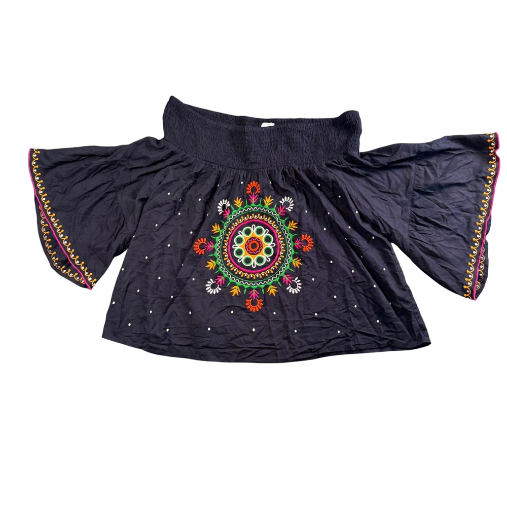 Boho Embroidered Off Shoulder Peasant Blouse L Festival Cottagecore Bell Sleeve
